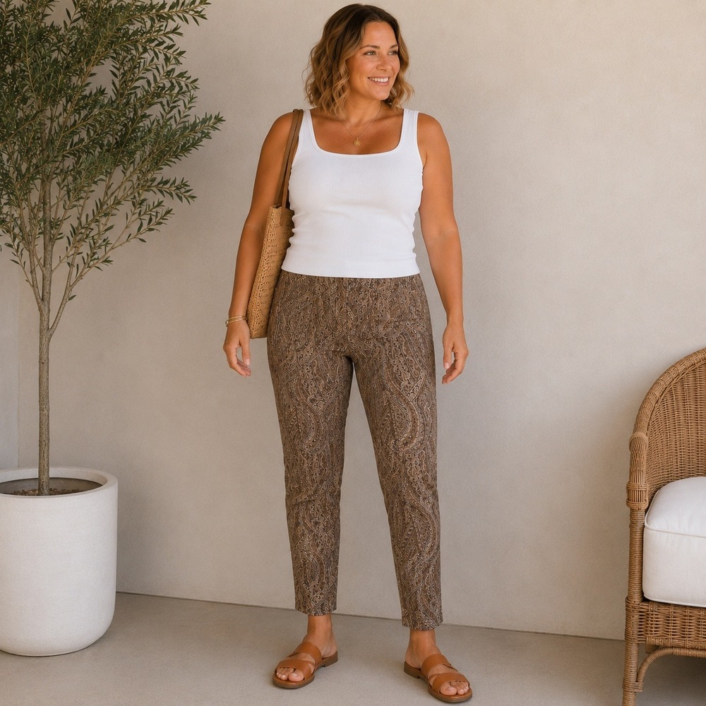 J. Jill Brown Paisley Straight Leg Stretch Pants Side Zip Size 14 Womens